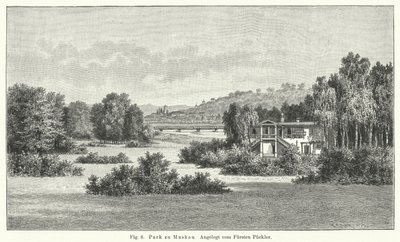 Havedesign: Muskau Park, Tyskland, anlagt af Prins Hermann von Pueckler-Muskau (gravering) af German School
