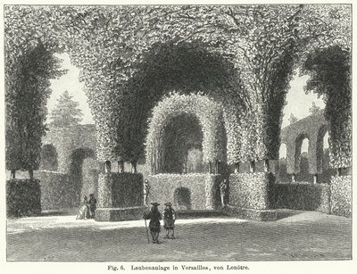 Havedesign: lysthuse i haverne i Versailles, Frankrig, anlagt af Andre le Notre i det 17. århundrede (gravering) af German School