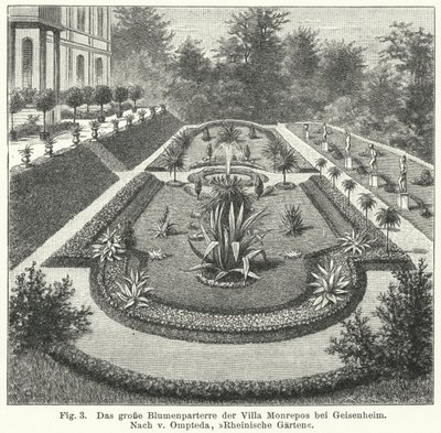 Havedesign: stor parterre ved Monrepos, ejendom efter bankmand og amatørastronom Heinrich Eduard von Lade, Geisenheim, Tyskland (gravering) af German School