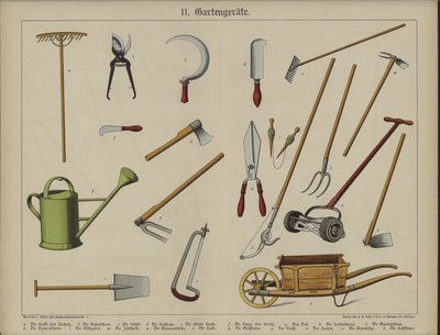 Haveredskaber (farve litho) af German School
