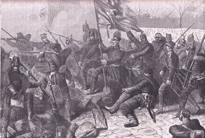 General von Budretzky leder angrebet på Le Bourget, Cassells History of the War between France and Germany udgivet af Cassell and Company Limited, ca. 1890 (litho) af German School