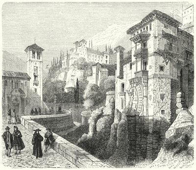 Generalife, sommerpalads for Nasrid-herskerne i Emiratet Granada, Spanien (gravering) af German School