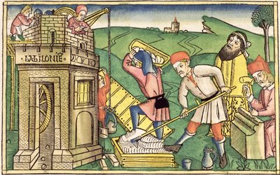 Første Mosebog 11 1-9 Bygning af Babelstårnet, fra Nürnbergbibelen (Biblia Sacra Germanaica) (farvet træsnit) af German School