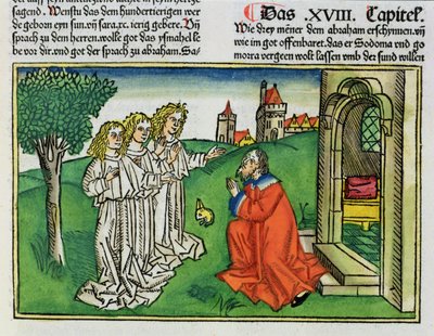Første Mosebog 18 2 Abraham og de tre engle, fra Nürnbergbibelen (Biblia Sacra Germanaica) (farvet træsnit) af German School