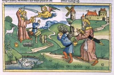 Første Mosebog 21 1-14 Abrahams ofring af Isak, fra Nürnbergbibelen (Biblia Sacra Germanaica) (farvet træsnit) af German School