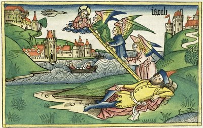 Første Mosebog 28 10 Jacobs Stige, fra Nürnbergbibelen (Biblia Sacra Germanaica) (farvet træsnit) af German School