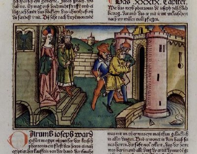 1. Mosebog 39 19-23 Den uskyldige Josef bliver fængslet, fra "Nürnberg-bibelen (Biblia Sacra Germanaica)" (farvet træsnit) af German School