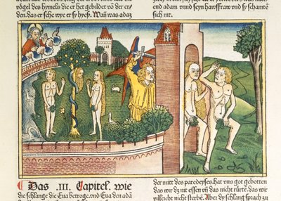 Første Mosebog 3 1-24 Fristelsen og uddrivelsen fra paradis, fra Nürnbergbibelen (Biblia Sacra Germanaica) (farvet træsnit) af German School