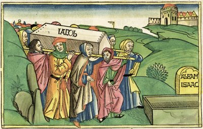 1. Mosebog 49:28-33 Jakobs begravelse, fra Nürnbergbibelen (Biblia Sacra Germanaica) (farvet træsnit) af German School