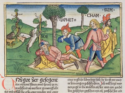 Første Mosebog 9 20-27 Noa dækket med en kappe af sine sønner Sem, Ham og Japeth, fra Nürnbergbibelen (Biblia Sacra Germanaica) (farvet træsnit) af German School