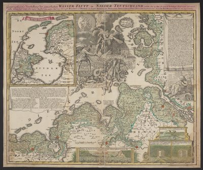 Geografisk præsentation af den elendige vandflod i Nedre Tyskland, som fandt sted den 25. december 1717, ca. 1718 (tryk) af German School