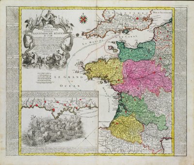 Tysk kort, der viser engelsk flådeangreb på franske havne i 1758 af German School