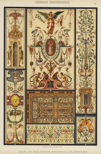 Tysk renæssance, loft- og vægmaling, træ-mosaik og broderi (farve litho) af German School