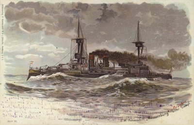 Tysk slagskib SMS Weissenburg, slutningen af det 19. eller begyndelsen af det 20. århundrede (farve litho) af German School