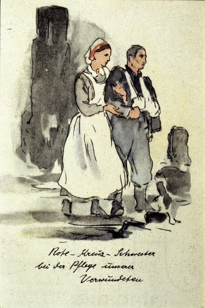 Tysk sygeplejerske støtter en såret mand. 1942. af German School