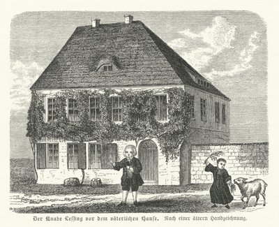 Den tyske filosof og dramatiker Gotthold Ephraim Lessing uden for sin fars hus i Kamenz som dreng (stik) af German School