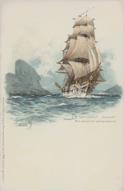 Det tyske træningsskib Stosch forlader Rio de Janeiro, Brasilien (chromolitho) af German School