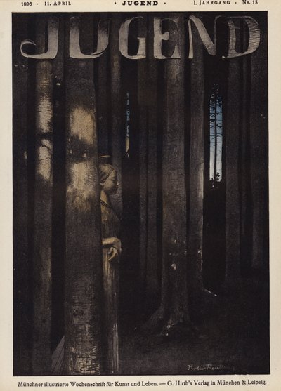Pige går i en skov om natten (farve litho) af German School