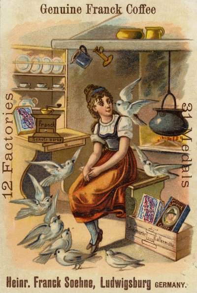 Pige med duer, der reklamerer for ægte Franck-kaffe af German School