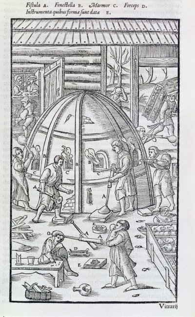 Glasværk, illustration, der viser marmorovnen og glaspustere (træsnit) af German School