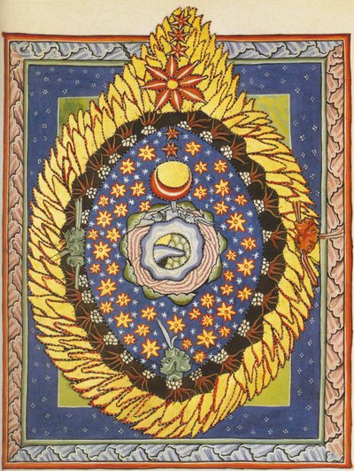 Gud, kosmos og menneskeheden. Miniature fra Liber Scivias af Hildegard af Bingen, ca. 1175 (akvarel på pergament) af German School