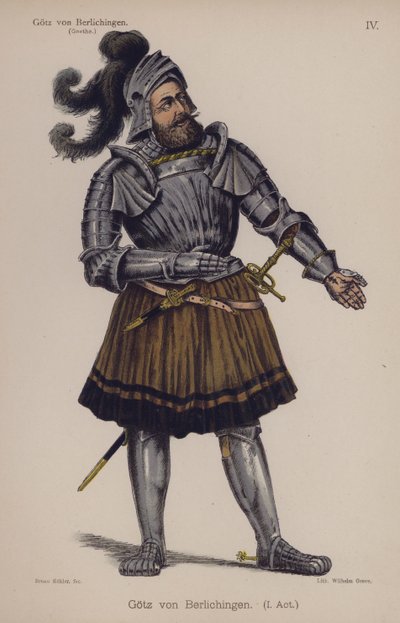 Gotz von Berlichingen, titelfigur fra skuespillet af Goethe (farve litho) af German School