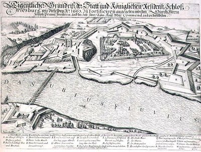 Grundplan over byen og slottet Pressburg og dens fæstningsværker i 1663, illustration fra en bog om de osmanniske felttog i Europa, indgraveret af Paul Furst (ca. 1605-66) (stik) af German School