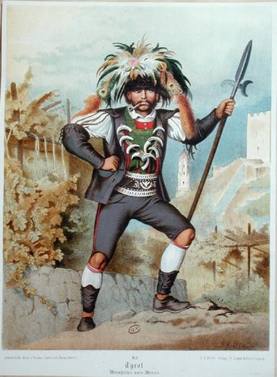 Bevogtning af vinmarkerne ved Meran i Tyrol (farve litho) af German School