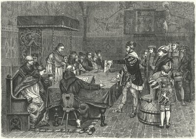 Gustav I Vasa, konge af Sverige, konfronterer Peter Sunnanvader, biskop af Västerås af German School