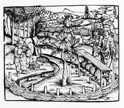 Glade ægtemænd, der passer bier, illustration fra Georgics af Virgil, bog IV, fra Sebastian Brants (1457-1521) udgave, udgivet 1502 af German School