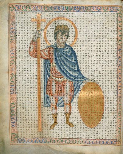 Harley 3045 fol.2 Kejser Ludvig I, den fromme, med kors og skjold, fra 