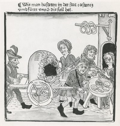 Pfannkuchen- und Brezelverkäufer während des Konzils von Konstanz 1417, nach einem Inkunabeldruck, ca. 1485 von German School