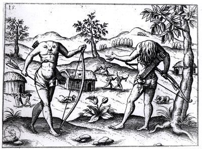 Hovedløse mænd og kvinder, illustration fra Sir Walter Raleighs beretning om Guyana, offentliggjort i Nürnberg, 1599 af German School