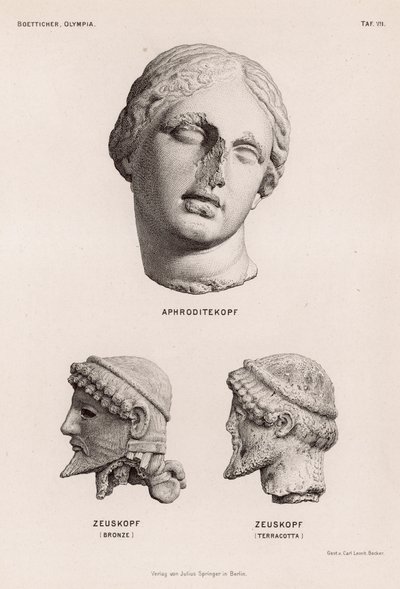 Hoveder af Afrodite og Zeus fra Olympia, Grækenland (gravering) af German School