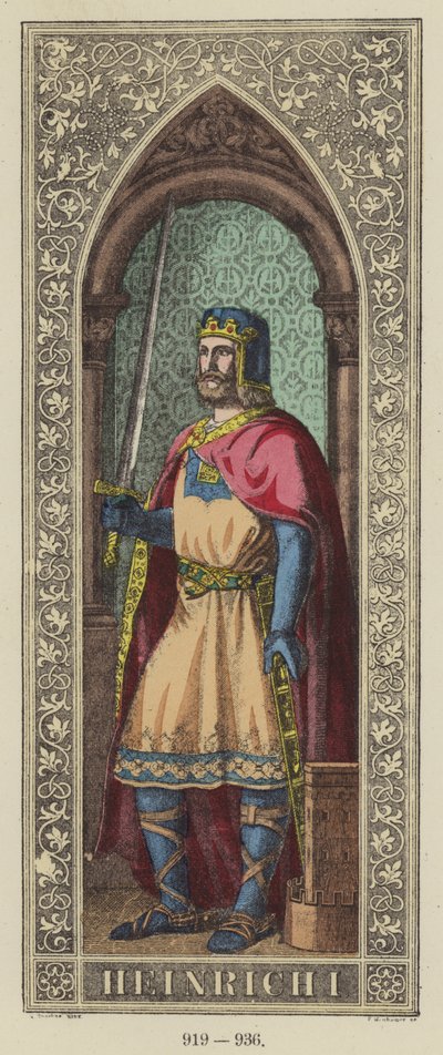 Heinrich I, 919-936 (farvet gravering) af German School