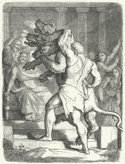 Herakles bringer Cerberus til kong Eurystheus (gravering) af German School