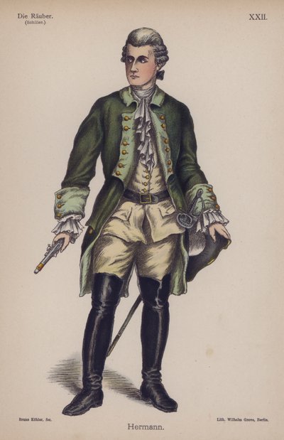 Hermann, fra Die Rauber (Røverne) af Friedrich Schiller (farve litho) af German School