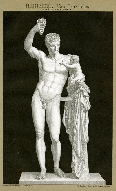 Hermes og spædbarnet Dionysos tilskrevet Praxiteles ca. 1895 (farvekromolitografi) af German School