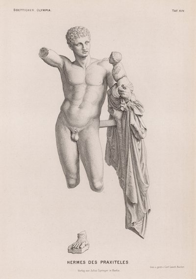 Hermes and the Infant Dionysus, skulptur tilskrevet Praxiteles udgravet i Olympia, Grækenland (gravering) af German School