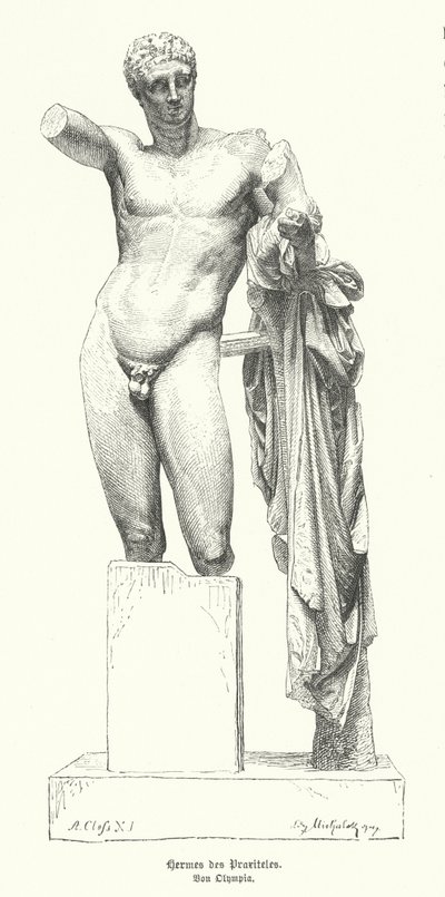 Hermes og spædbarnet Dionysos, statue af den antikke græske billedhugger Praxiteles opdaget i ruinerne af Temple of Hera, Olympia (gravering) af German School