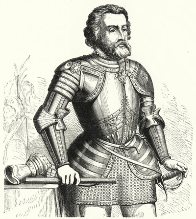 Hernan Cortes, spansk conquistador (gravering) af German School