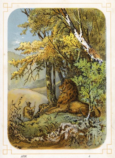 Jæger nærmer sig løve (farve litho) af German School