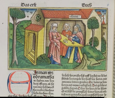 I Samuel 1:8 Elkana trøster Hanna, fra Nürnbergbibelen (Biblia Sacra Germanaica) (farvet træsnit) af German School