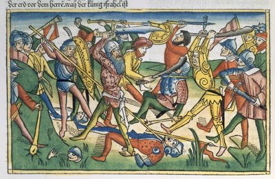 I Samuel 28 1-2 Filisternes krig mod Israel, fra Nürnbergbibelen (Biblia Sacra Germanaica) (farvet træsnit) af German School