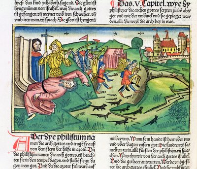 I Samuel 5:1-11 Filisterne griber arken og bliver ramt af pesten, fra Nürnbergbibelen (Biblia Sacra Germanaica) (farvet træsnit) af German School