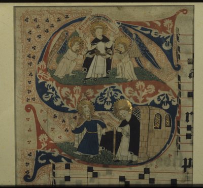 Oplyst bogstav S fra en antifon (pensel, blæk, akvarel og bladguld på vellum) af German School