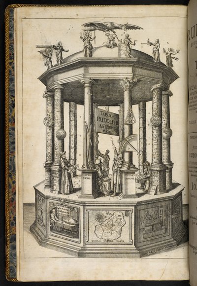 Illustreret frontispice, der viser et tempel i Urania, Astronomiens Muse, fra 