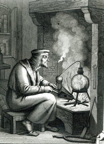 Illustration fra Goethes Faust, der viser Mephistopheles, der skaber en homunculus, 1854 af German School