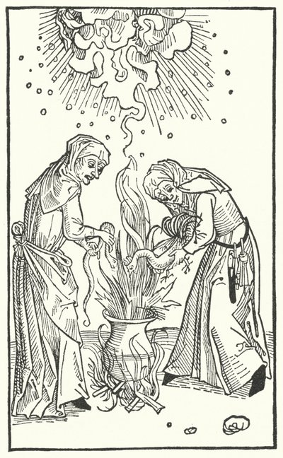 Illustration fra en afhandling af Ulrich Molitor om spåmænds kvinder og hekseri (gravering) af German School