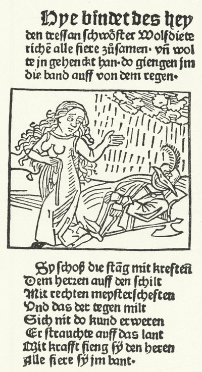 Illustration fra eventyret om den romantiske helt Wolfdietrich, udgivet af Hans Schoensperger i Augsburg i 1491 (stik) af German School